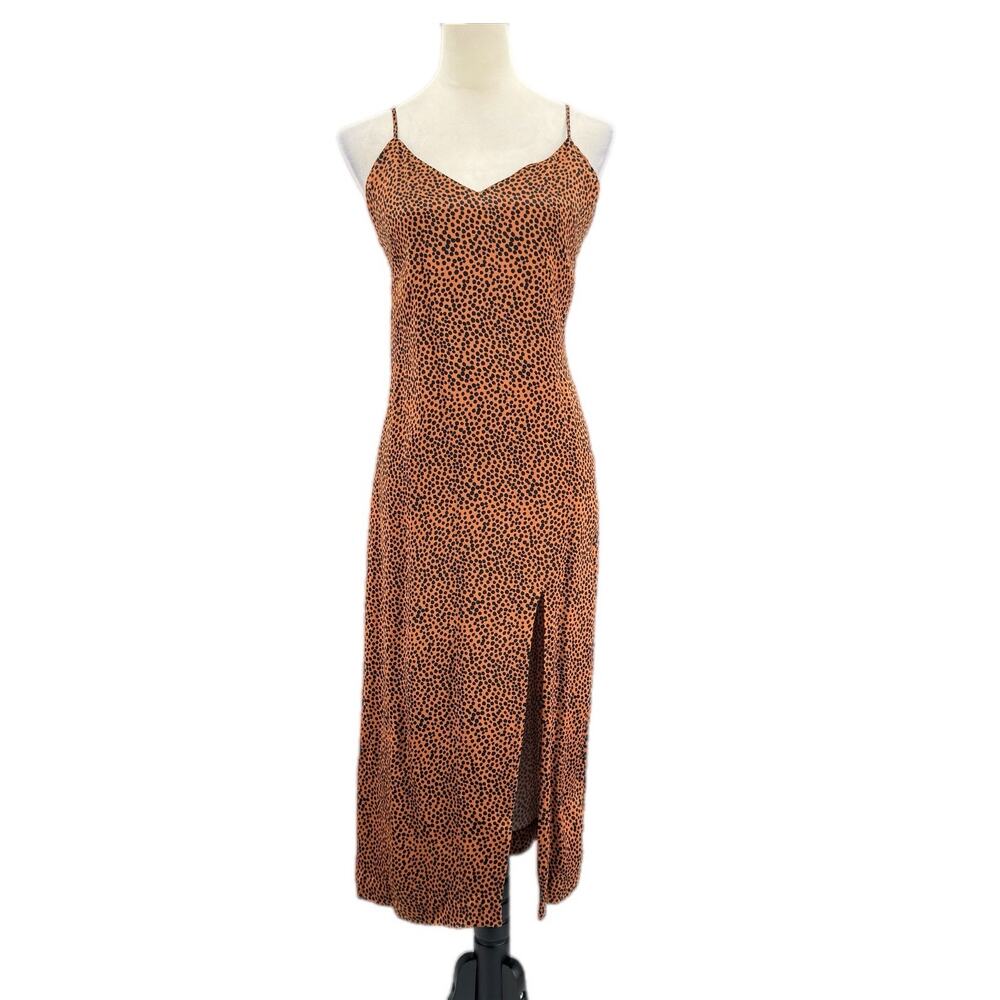& Other Stories NEW Brown Animal Print Spotted Midi Sleeveless Slit Slip Dress